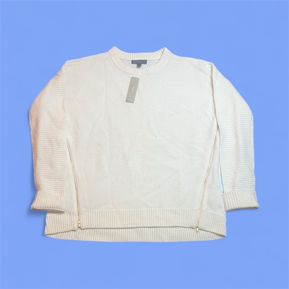 NWT J. Crew 100% Wool Women's Cream Crewneck Sweater with Gold Zipper Detail XS